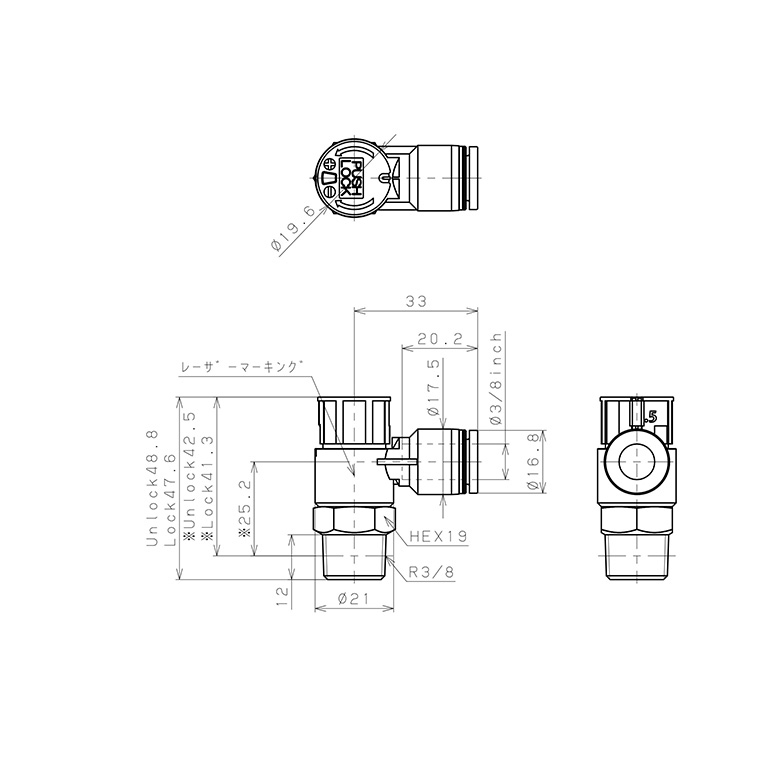 Bản vẽ kỹ thuật Van Tiết Lưu Khí Nén Loại Khóa Đẩy Có Hiển Thị Chỉ Số Pisco JSGC3/8-03ALW