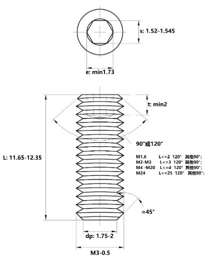 Bản vẽ kỹ thuật Vít Trí Đuôi Bằng Thép Mạ Kẽm 10.9 DIN913 M3x12