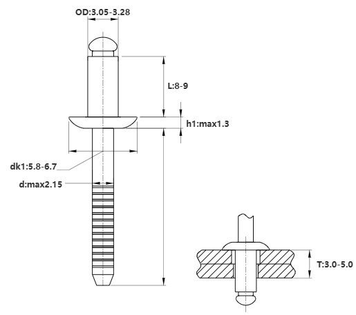 Bản vẽ kỹ thuật Rivet Inox 304 OD3.2x8mm (1000 Cái)