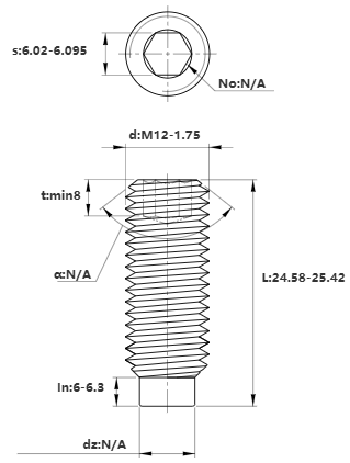 Bản vẽ kỹ thuật Vít Trí Đuôi Trụ Thép Đen 10.9 DIN915 M12x25