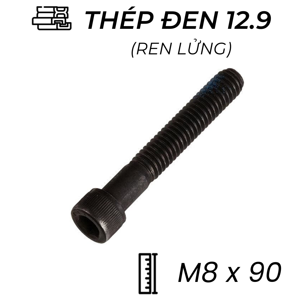 Lục Giác Chìm Đầu Trụ Thép Đen 12.9 DIN912 M8x90 Ren Lửng