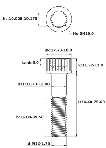 Bản vẽ kỹ thuật Lục Giác Chìm Đầu Trụ Inox 316 DIN912 M12x75 Ren Lửng