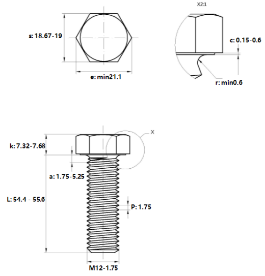 Bản vẽ kỹ thuật Bulong Thép Đen 8.8 DIN933 M12x55