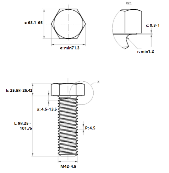 Bản vẽ kỹ thuật Bulong Thép Đen 8.8 DIN933 M42x100