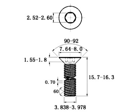 Bản vẽ kỹ thuật Lục Giác Chìm Col Thép Mạ Kẽm Trắng Cr3+ 10.9 DIN7991 M4x16