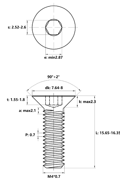 Bản vẽ kỹ thuật Lục Giác Chìm Col Thép Đen 10.9 DIN7991 M4x16 (50Cái/Bịch)