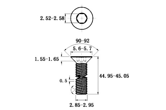 Bản vẽ kỹ thuật Lục Giác Chìm Col Thép Đen 10.9 DIN7991 M3x45 (50Cái/Bịch)
