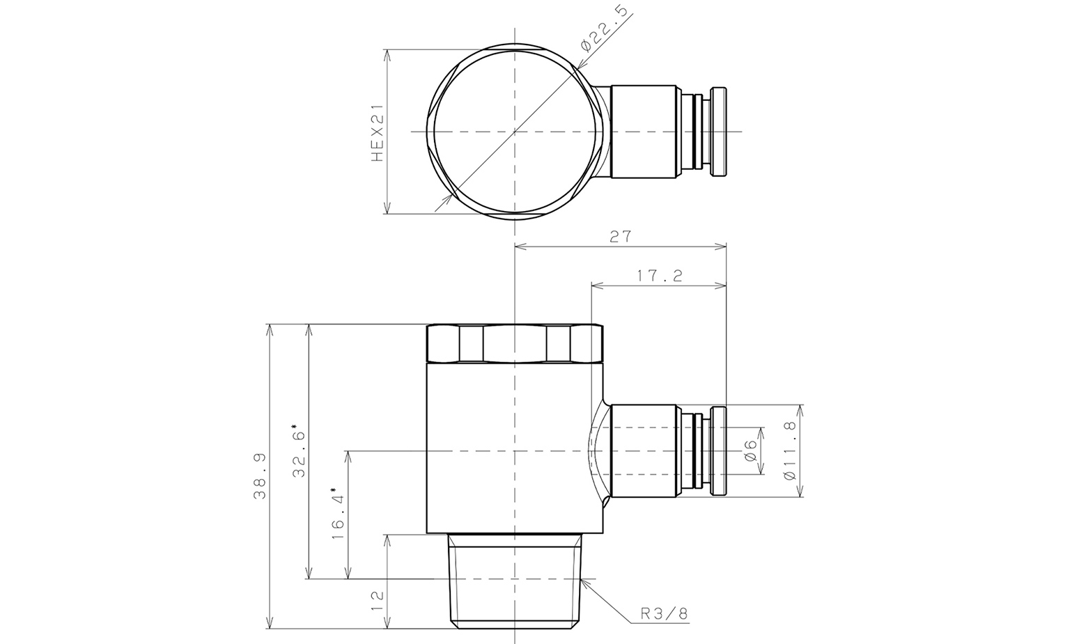 Bản vẽ kỹ thuật Đầu Nối Nhanh Khí Nén Cong 90° Đầu Lục Giác Trụ Ren Ngoài Pisco KH6-03-1-F