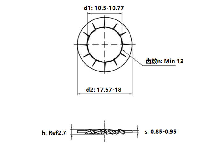 Bản vẽ kỹ thuật Lông Đền Răng Trong Loại J Thép Mạ Kẽm Trắng Cr3+ 4.8 DIN6798J M10