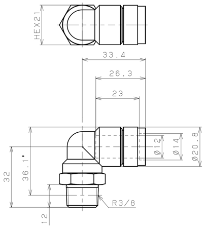 Bản vẽ kỹ thuật Đầu Nối Nhanh Khí Nén Cong 90° Phi 12mm Ren Ngoài R3/8 Pisco KL12-03