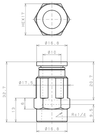 Bản vẽ kỹ thuật Đầu Nối Nhanh Khí Nén Thẳng Phi 10mm Ren Trong R1/4 Pisco PCF10-02