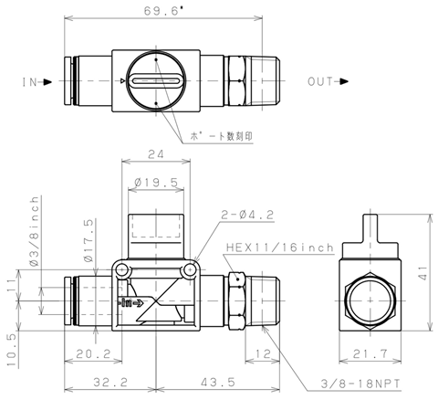 Bản vẽ kỹ thuật Van Tay Khí Nén Pisco HV3/8-N3-2U