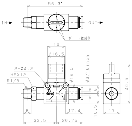 Bản vẽ kỹ thuật Van Tay Khí Nén Pisco HV01-3/16-2