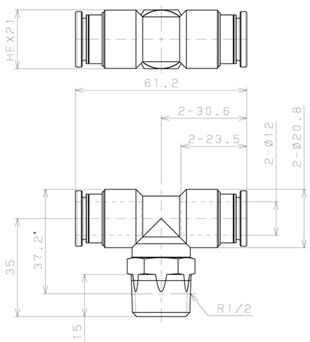 Bản vẽ kỹ thuật Đầu Nối Nhanh Khí Nén Dạng Chữ T Ren Ngoài Pisco KB12-04-1