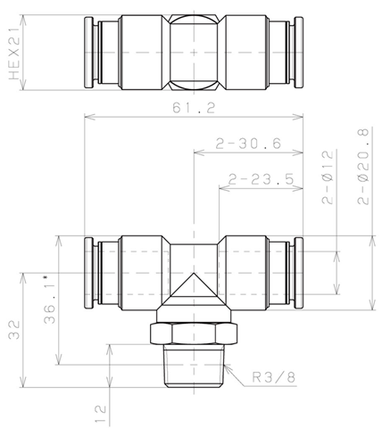 Bản vẽ kỹ thuật Đầu Nối Nhanh Khí Nén Dạng Chữ T Ren Ngoài Pisco KB12-03-1