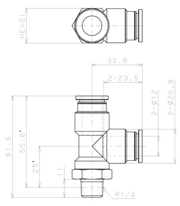 Bản vẽ kỹ thuật Đầu Nối Nhanh Khí Nén Dạng Chữ T Ren Ngoài Pisco KD12-02-1