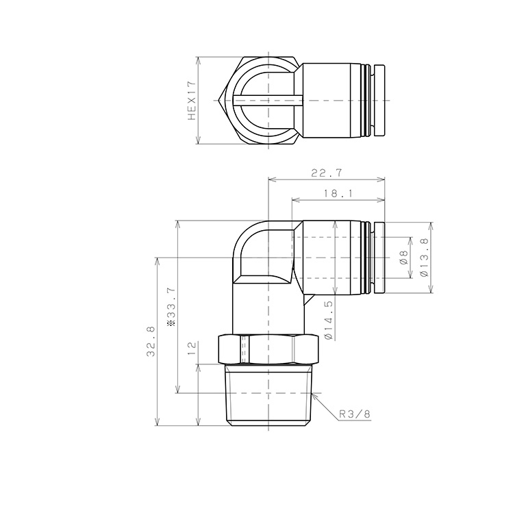 Bản vẽ kỹ thuật Đầu Nối Nhanh Khí Nén Dạng Cong 90° Ren Ngoài Pisco PPL8-03-F