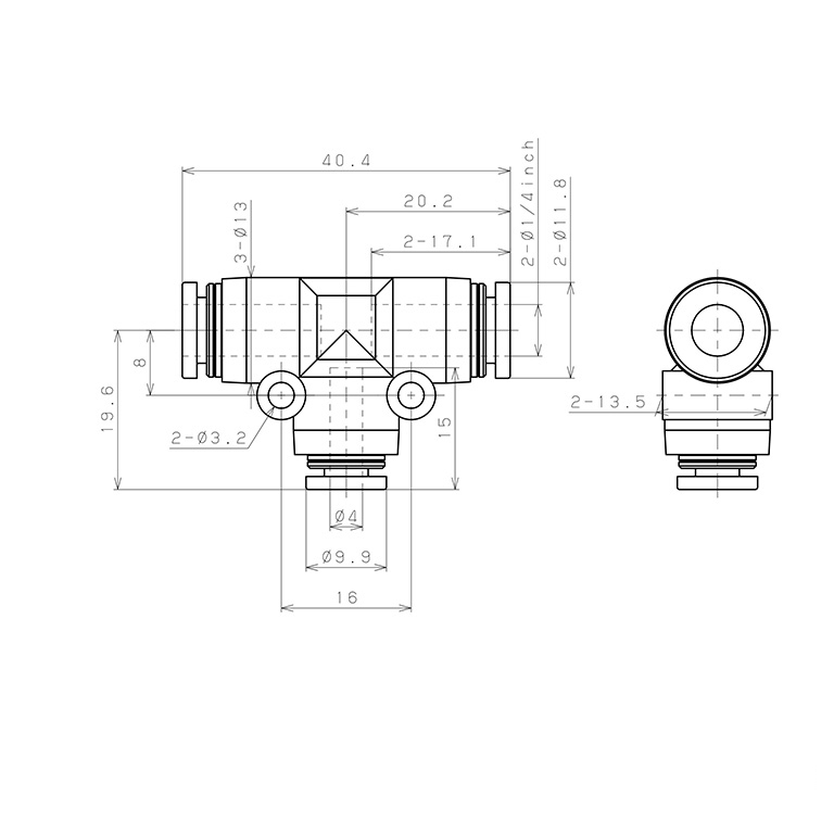 Bản vẽ kỹ thuật Đầu Nối Nhanh Khí Nén Chữ T Dạng Nối Giảm Pisco PPEG1/4-4-HN