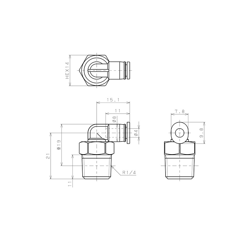 Bản vẽ kỹ thuật Đầu Nối Nhanh Khí Nén Dạng Cong 90° Ren Ngoài Pisco PL4-02M-C