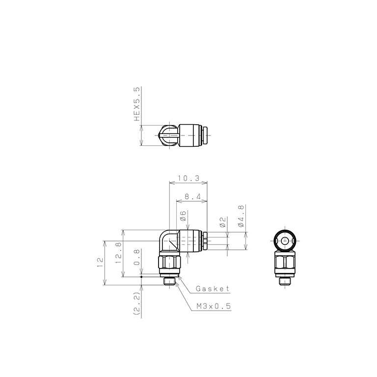 Bản vẽ kỹ thuật Đầu Nối Nhanh Khí Nén Dạng Cong 90° Ren Ngoài Pisco PL2-M3M-C