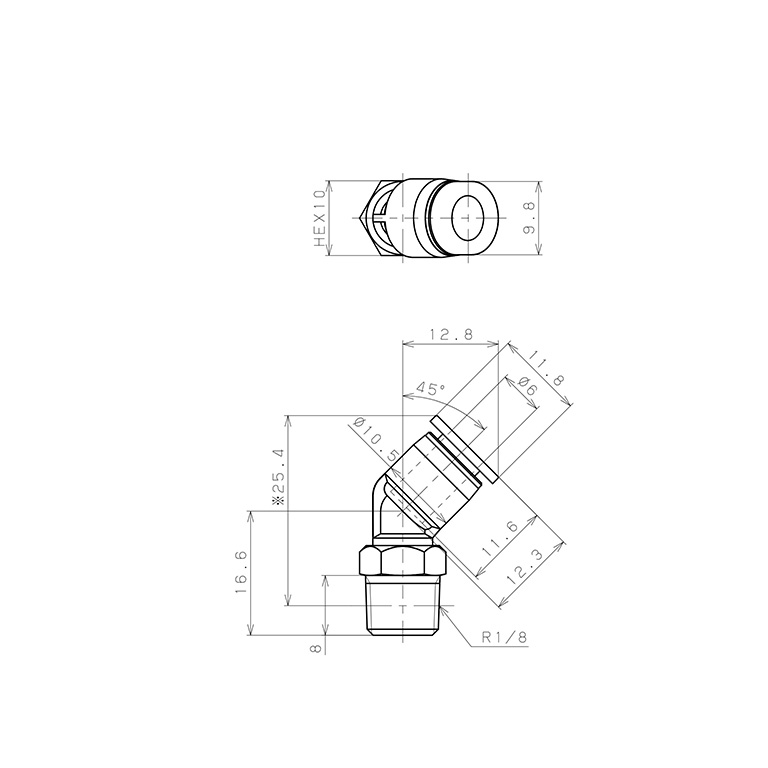Bản vẽ kỹ thuật Đầu Nối Nhanh Khí Nén Dạng Cong 45° Ren Ngoài Pisco PLH6-01M-C