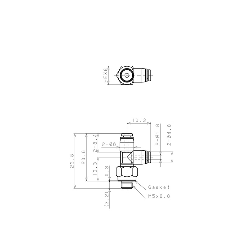 Bản vẽ kỹ thuật Đầu Nối Nhanh Khí Nén Dạng Chữ T Ren Ngoài Pisco PD180-M5M-C