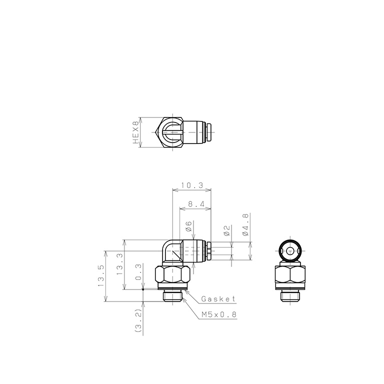 Bản vẽ kỹ thuật Đầu Nối Nhanh Khí Nén Dạng Cong 90° Ren Ngoài Pisco PL2-M5MW-C
