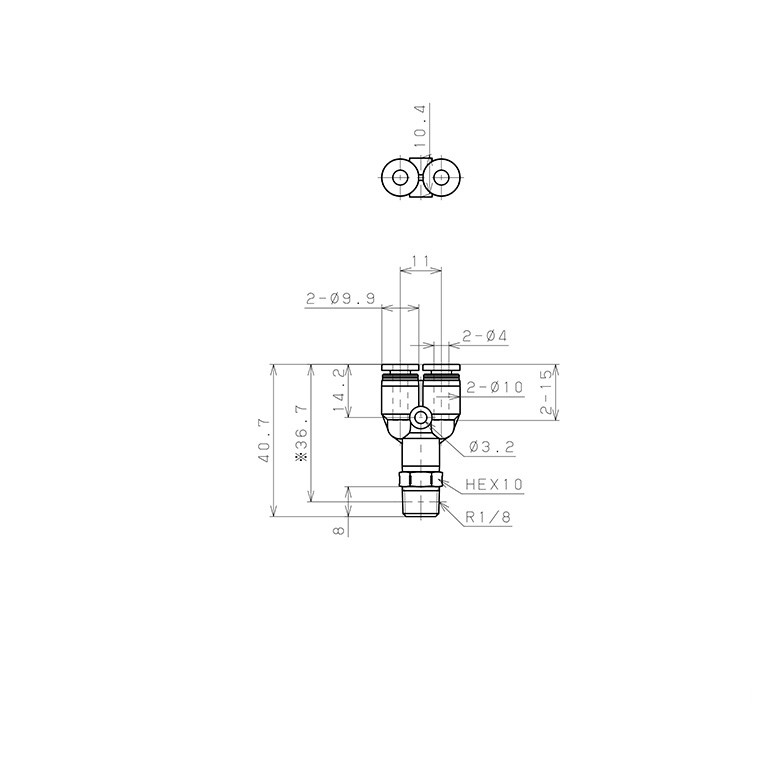 Bản vẽ kỹ thuật Đầu Nối Nhanh Khí Nén Dạng Chữ Y Ren Ngoài Pisco PPX4-01SUS