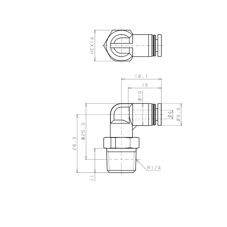 Bản vẽ kỹ thuật Đầu Nối Nhanh Khí Nén Dạng Cong 90° Ren Ngoài Pisco PPL4-02