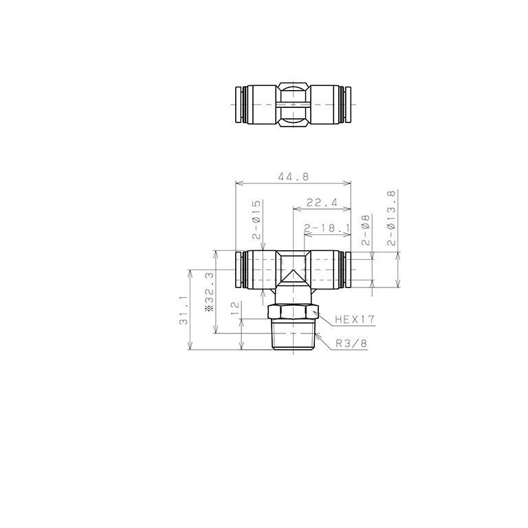 Bản vẽ kỹ thuật Đầu Nối Nhanh Khí Nén Dạng Chữ T Ren Ngoài Pisco PPB8-03SUS-S