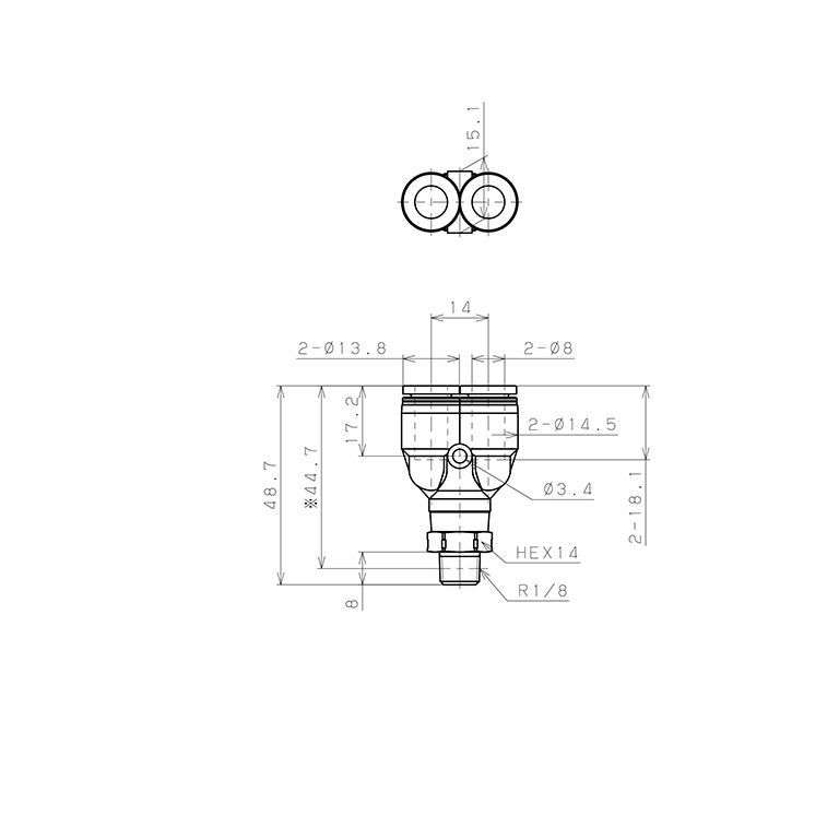 Bản vẽ kỹ thuật Đầu Nối Nhanh Khí Nén Dạng Chữ Y Ren Ngoài Pisco PPX8-01SUS-TP