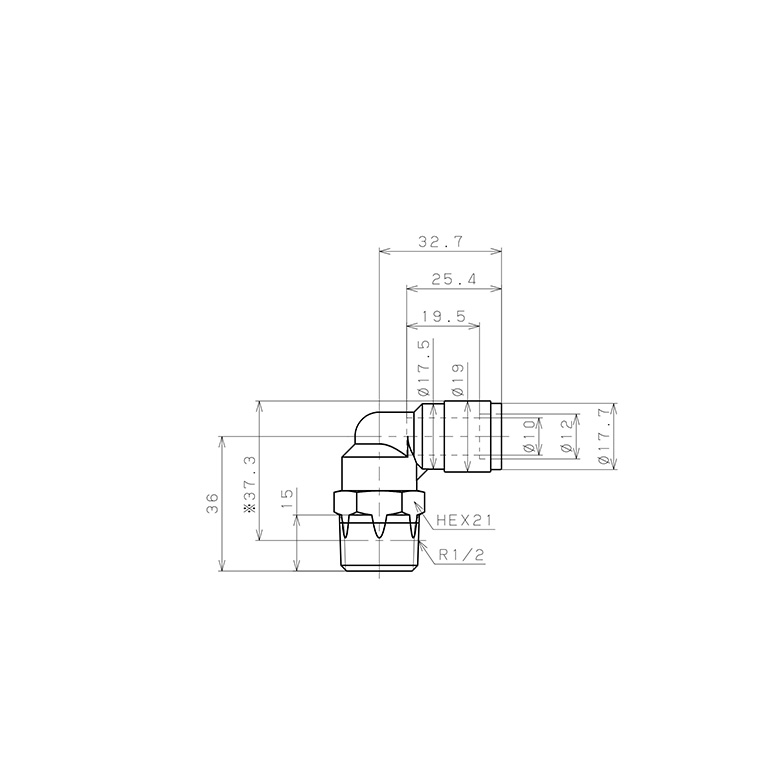 Bản vẽ kỹ thuật Đầu Nối Nhanh Khí Nén Dạng Cong 90° Ren Ngoài Pisco PL10-04V-0