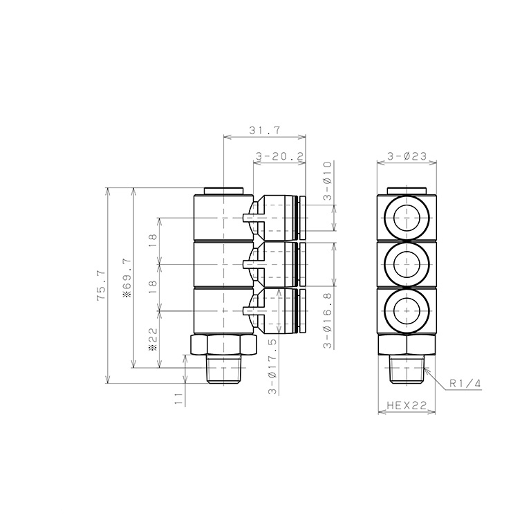 Bản vẽ kỹ thuật Đầu Nối Nhanh Khí Nén Ba Nhánh Cong 90° Thân Lục Giác Trụ Ren Ngoài Pisco PHT10-02W