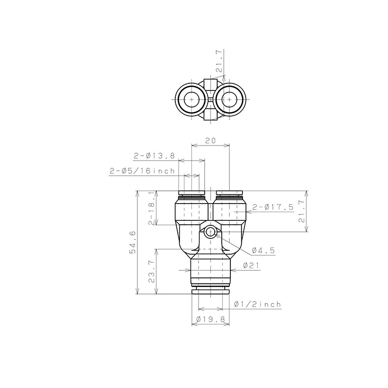 Bản vẽ kỹ thuật Đầu Nối Nhanh Khí Nén Chữ Y Dạng Nối Giảm Pisco PW1/2-5/16
