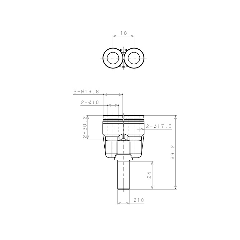 Bản vẽ kỹ thuật Đầu Nối Nhanh Khí Nén Giữa Ống Khí Và Fitting Dạng Chữ Y Pisco PYJ10-C