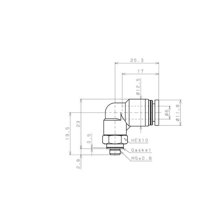Bản vẽ kỹ thuật Đầu Nối Nhanh Khí Nén Dạng Cong 90° Ren Ngoài Pisco PL6-M5EG
