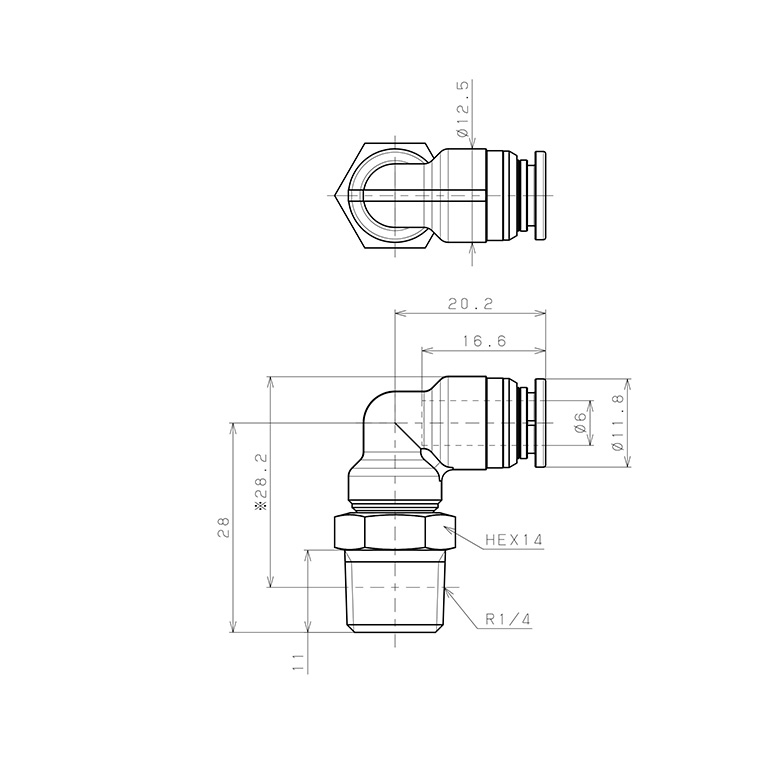 Bản vẽ kỹ thuật Đầu Nối Nhanh Khí Nén Dạng Cong 90° Ren Ngoài Pisco KL6-02-1