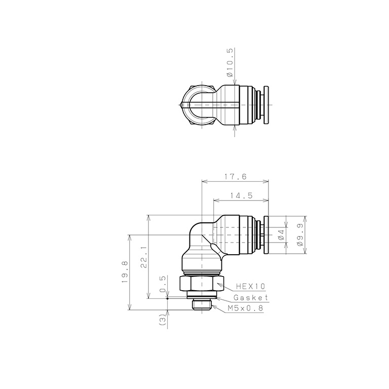 Bản vẽ kỹ thuật Đầu Nối Nhanh Khí Nén Dạng Cong 90° Ren Ngoài Pisco KL4-M5-1