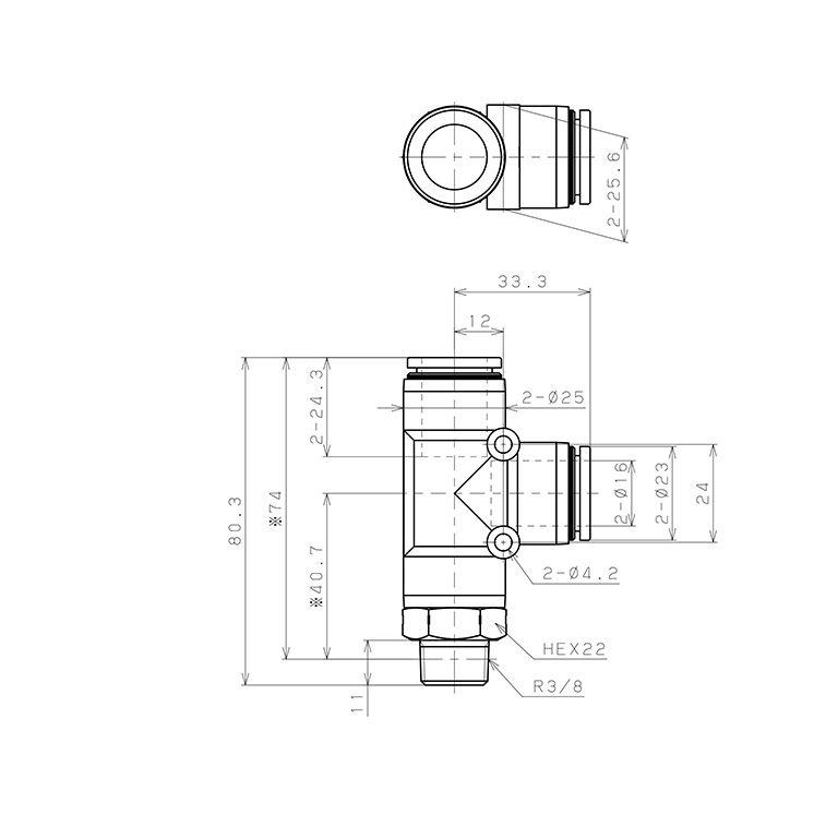 Bản vẽ kỹ thuật Đầu Nối Nhanh Khí Nén Dạng Chữ T Ren Ngoài Pisco PD16-03SUS