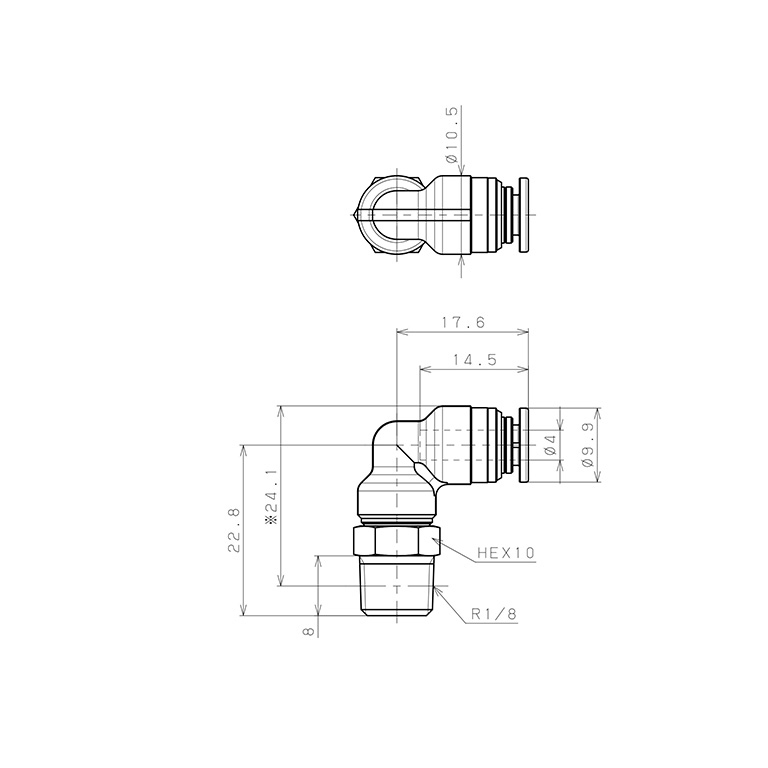 Bản vẽ kỹ thuật Đầu Nối Nhanh Khí Nén Dạng Cong 90° Ren Ngoài Pisco KL4-01-1