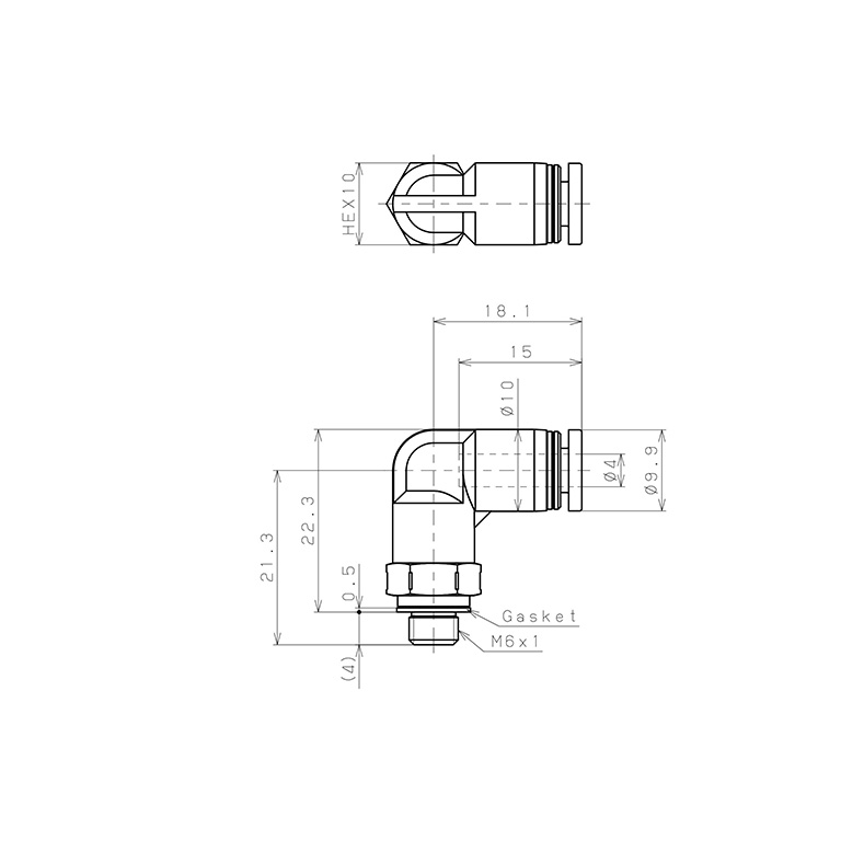 Bản vẽ kỹ thuật Đầu Nối Nhanh Khí Nén Dạng Cong 90° Ren Ngoài Pisco PL4-M6SUS