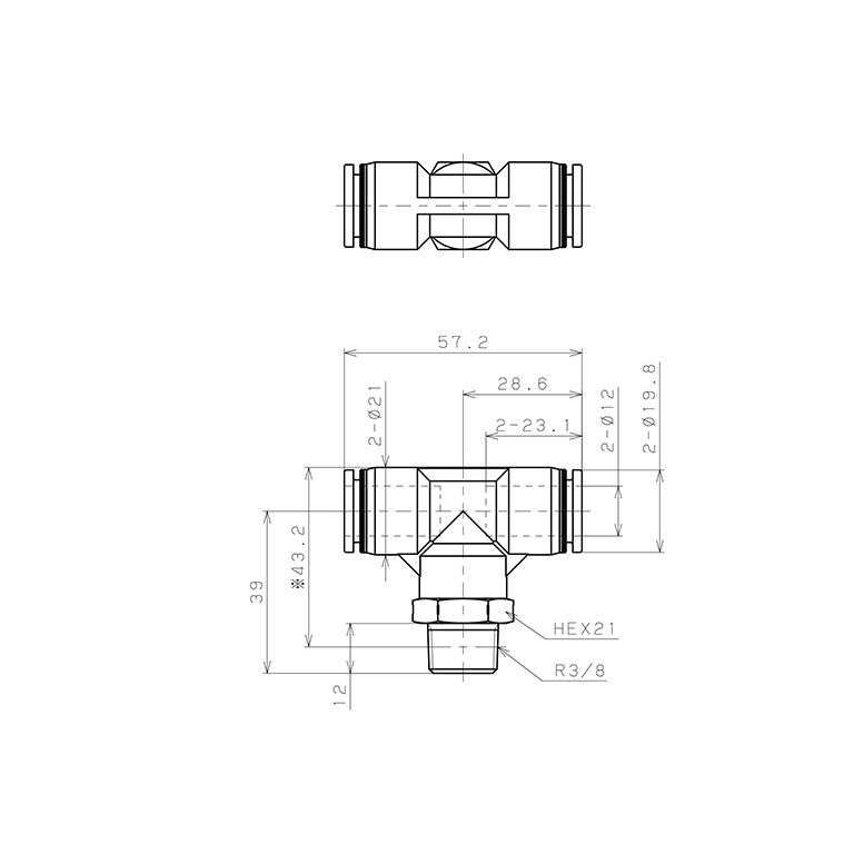 Bản vẽ kỹ thuật Đầu Nối Nhanh Khí Nén Dạng Chữ T Ren Ngoài Pisco PB12-03SUS