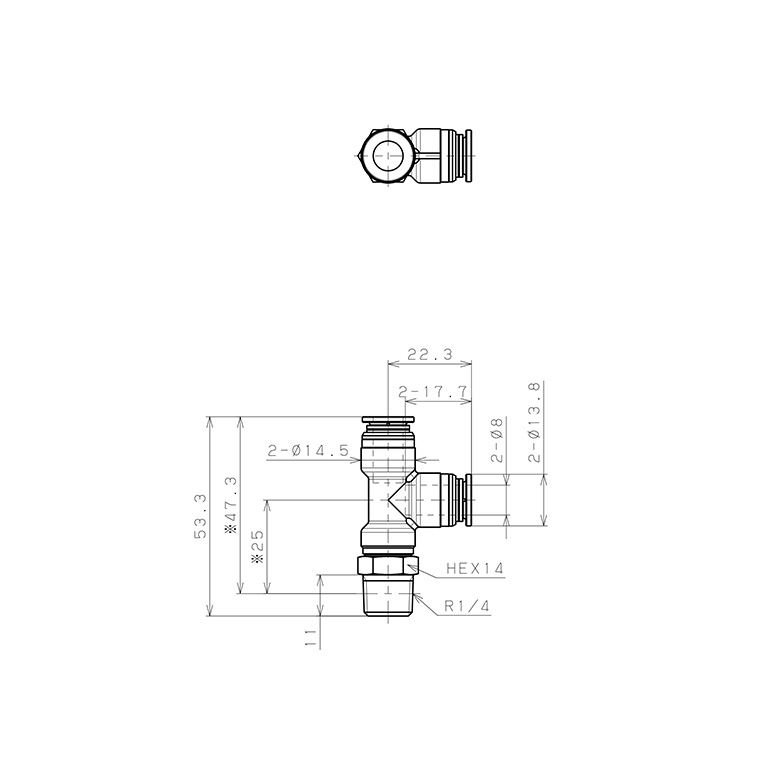 Bản vẽ kỹ thuật Đầu Nối Nhanh Khí Nén Dạng Chữ T Ren Ngoài Pisco KD8-02-1