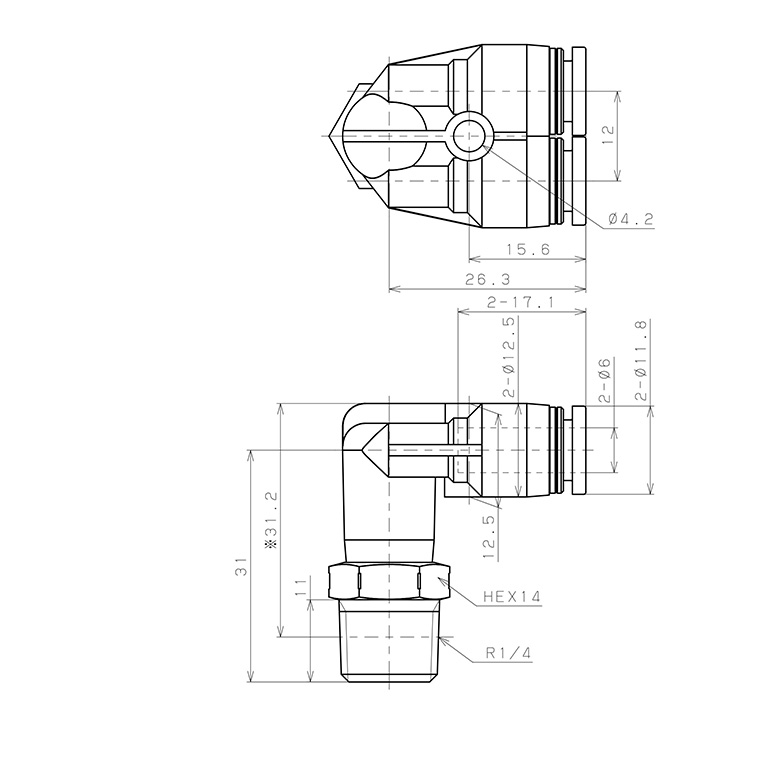 Bản vẽ kỹ thuật Đầu Nối Nhanh Khí Nén Hai Nhánh Cong 90° Ren Ngoài Pisco PAX6-02SUS