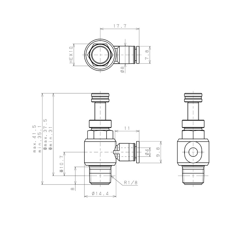 Bản vẽ kỹ thuật Van Tiết Lưu Khí Nén Chân Kim Pisco JNC4-01-C