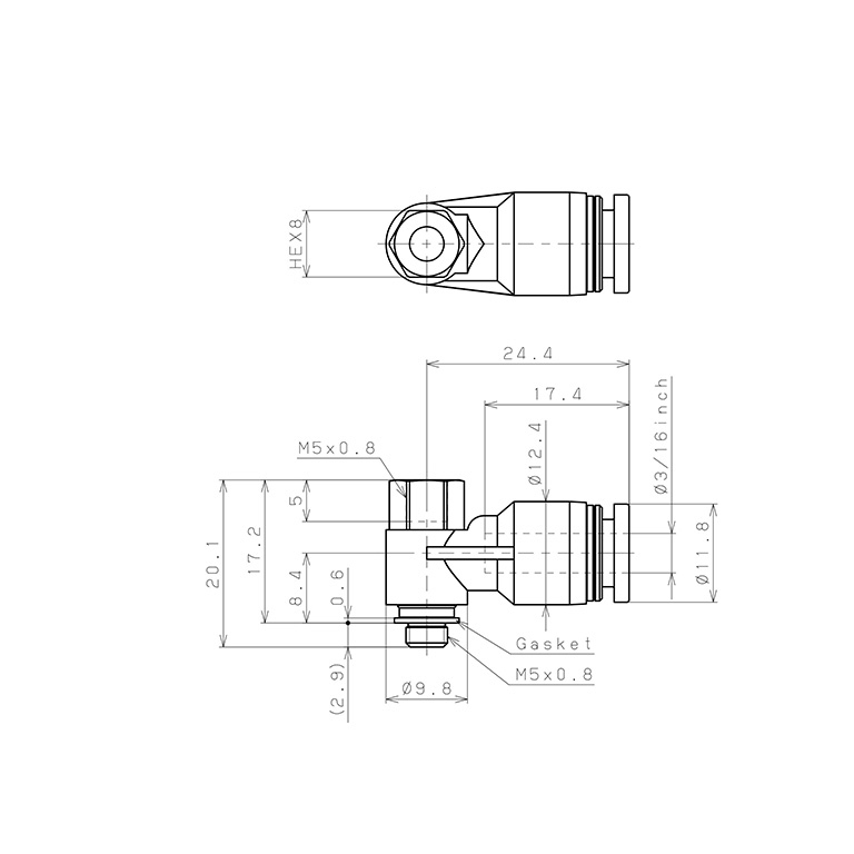 Bản vẽ kỹ thuật Đầu Nối Nhanh Khí Nén Cong 90° Đầu Lục Giác Trụ Ren Đực Cái Pisco PHF3/16-M5