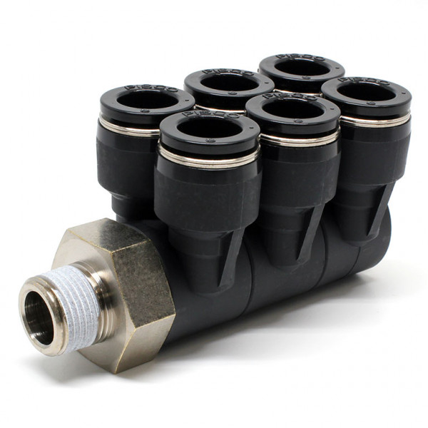 Đầu Nối Nhanh Khí Nén Sáu Nhánh Cong 90° Thân Lục Giác Trụ Ren Ngoài Pisco PAT12-03