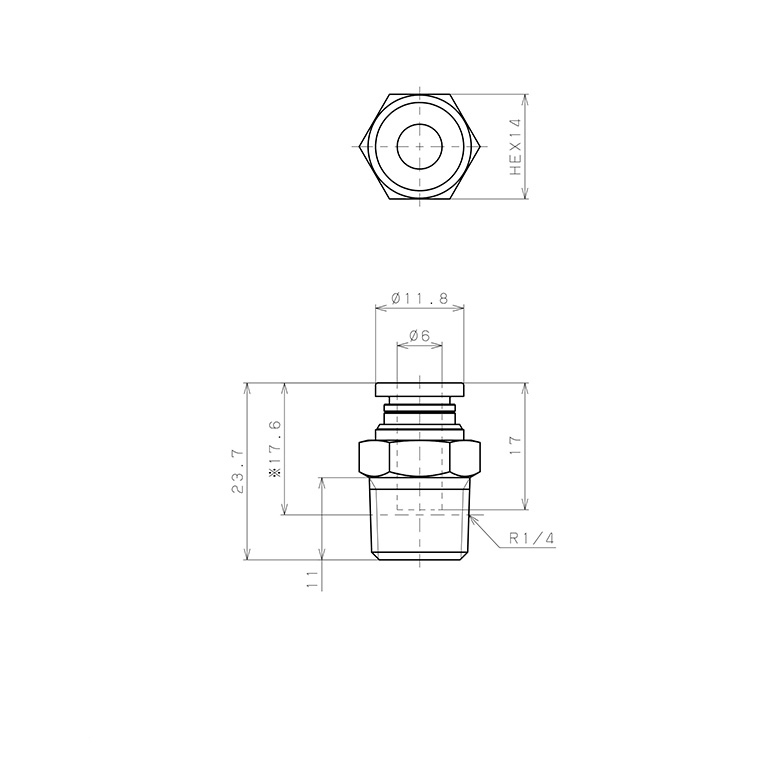 Bản vẽ kỹ thuật Đầu Nối Nhanh Khí Nén Dạng Thẳng Thân Lục Giác Ren Ngoài Pisco PC6-02-UC
