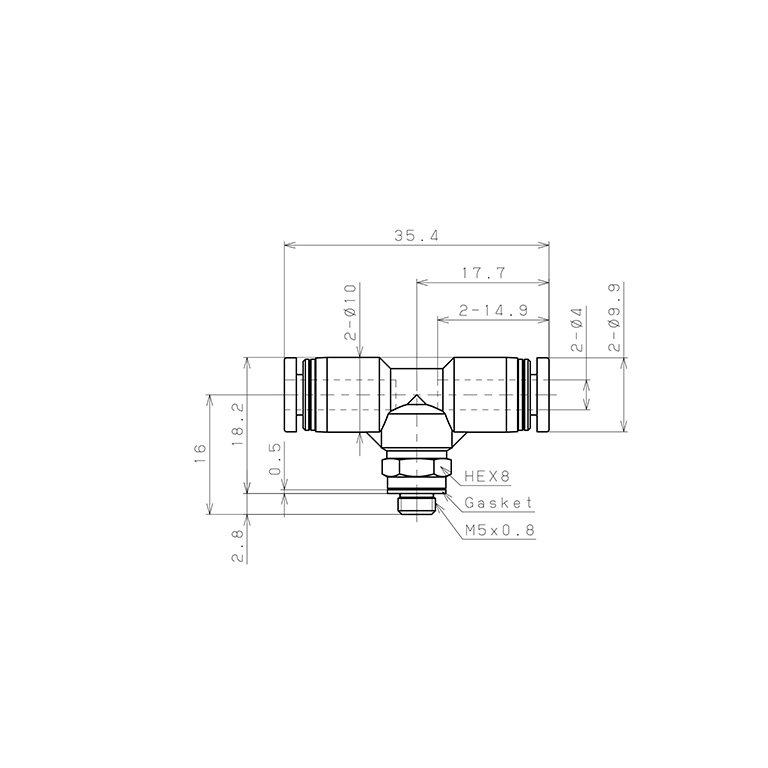 Bản vẽ kỹ thuật Đầu Nối Nhanh Khí Nén Dạng Chữ T Ren Ngoài Pisco PB4-M5W