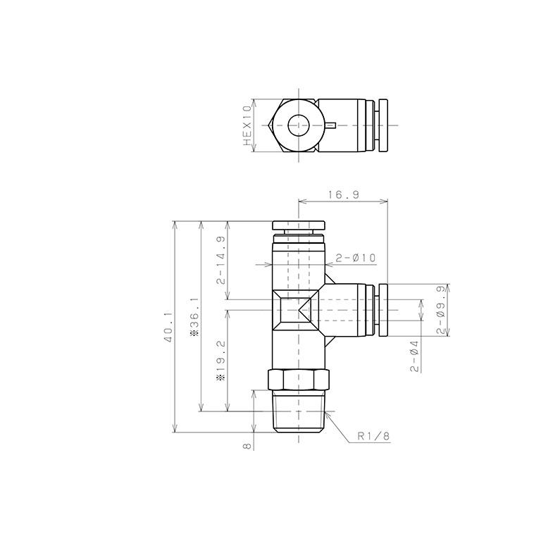 Bản vẽ kỹ thuật Đầu Nối Nhanh Khí Nén Dạng Chữ T Ren Ngoài Pisco SPD4-01
